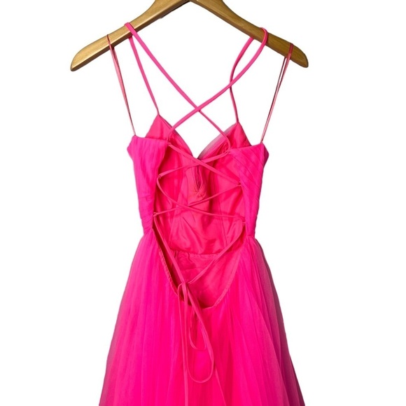 La Femme Neon Light Tulle Gown Bright Pink Size 4 Side Pockets Leg Slit Prom - Picture 7 of 11